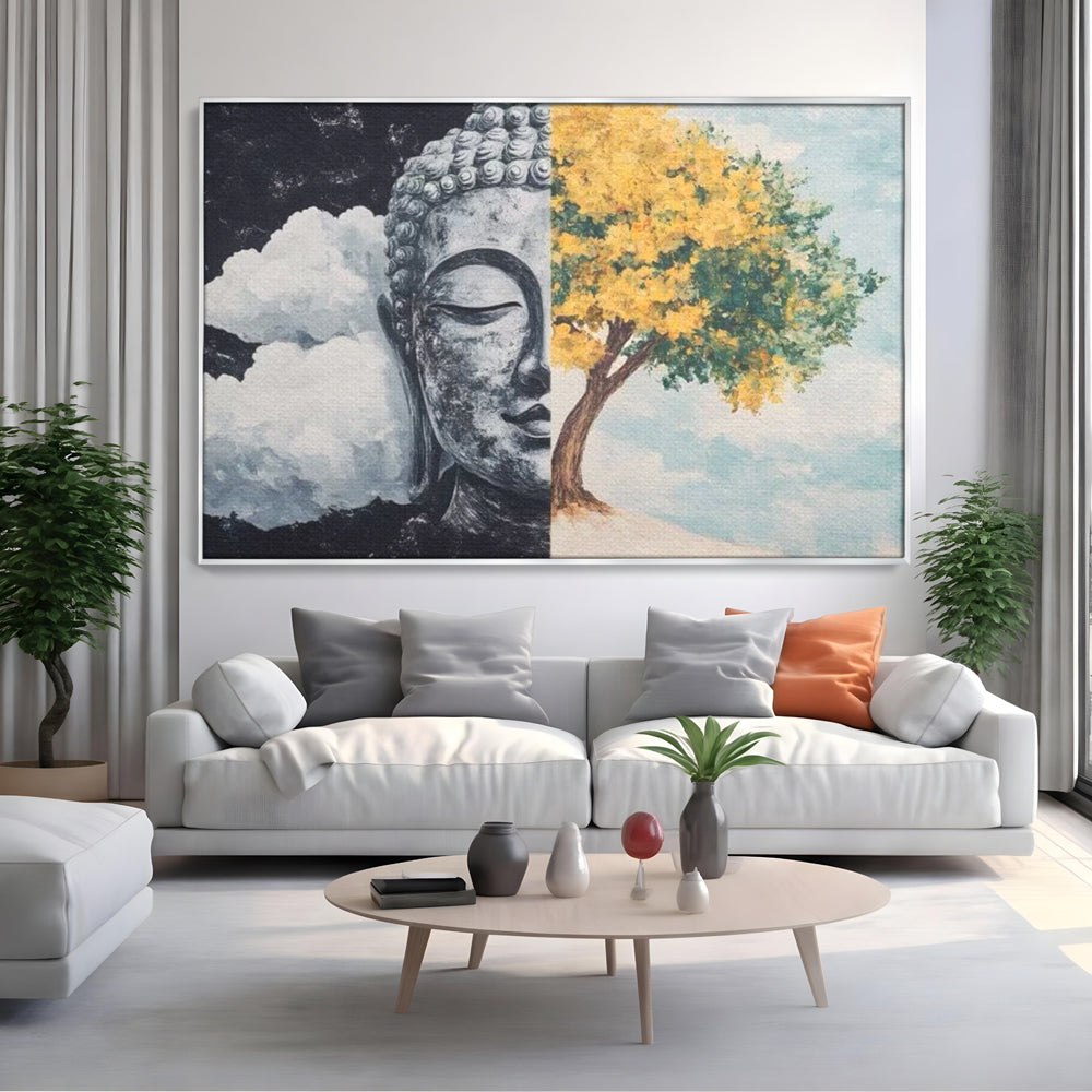 Tablou canvas cu tablou canvas cu buddha si copac, in rama de aluminiu argintiu, pe perete intr-un living